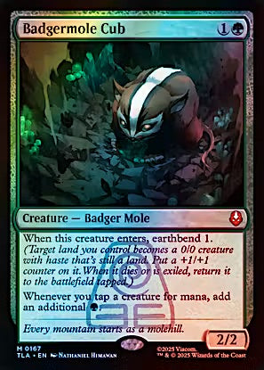 A Magic: The Gathering trading card titled 'Badgermole Cub' from the Tides of Thalanar set. The card features a green mana symbol in the top right, a black and white badger illustration, and rules text detailing its game mechanics.