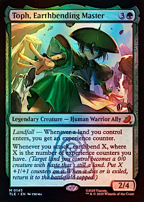 Magic: The Gathering trading card 'Toph, Earthbending Master' from the Treasure Cruise set, featuring artwork of Toph in a green outfit with a headband and hat, surrounded by earth and water elements.
