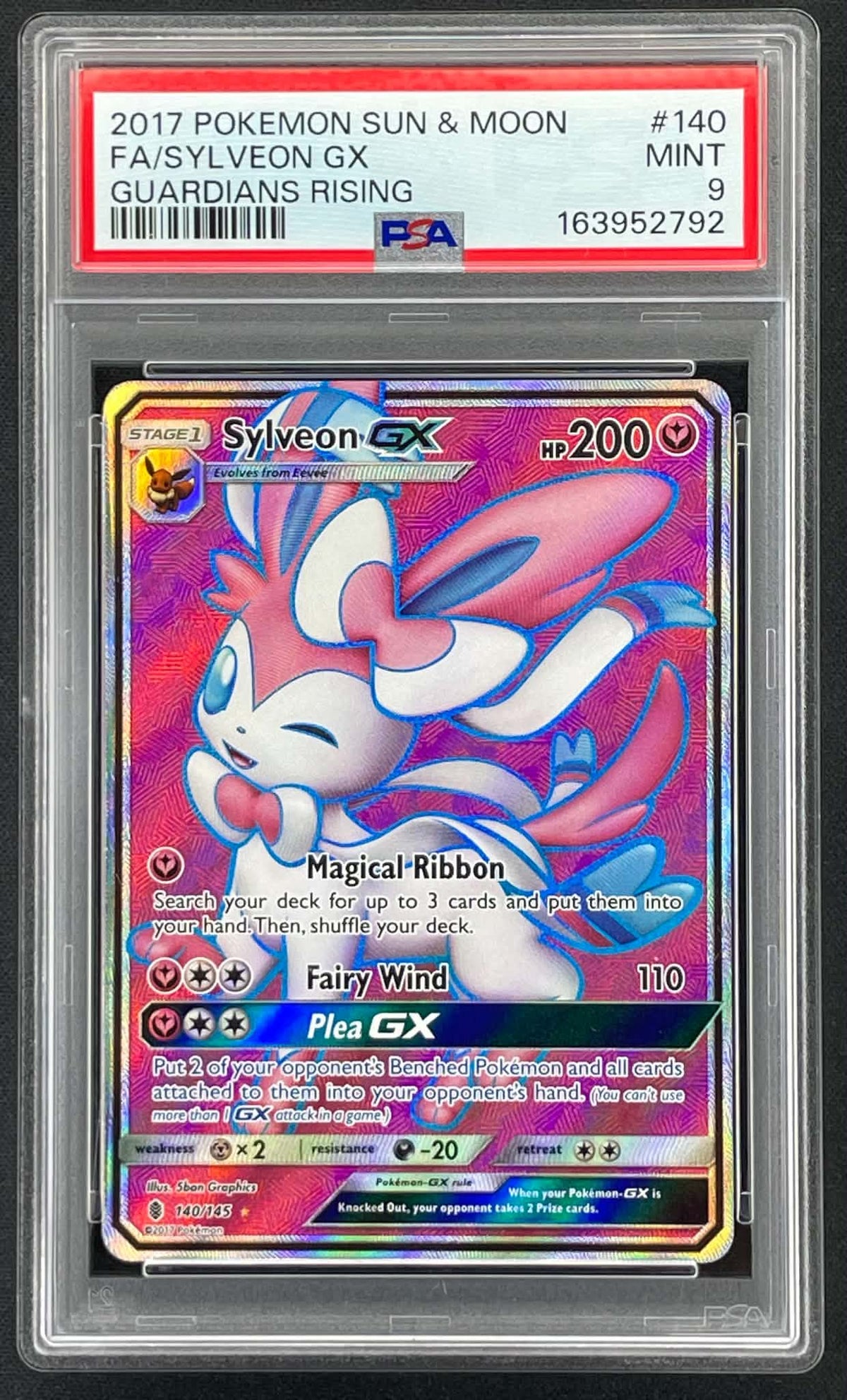 Sylveon GX 140/145 Full Art Sun and Moon Guardians Rising Pokémon card graded PSA 9 Mint