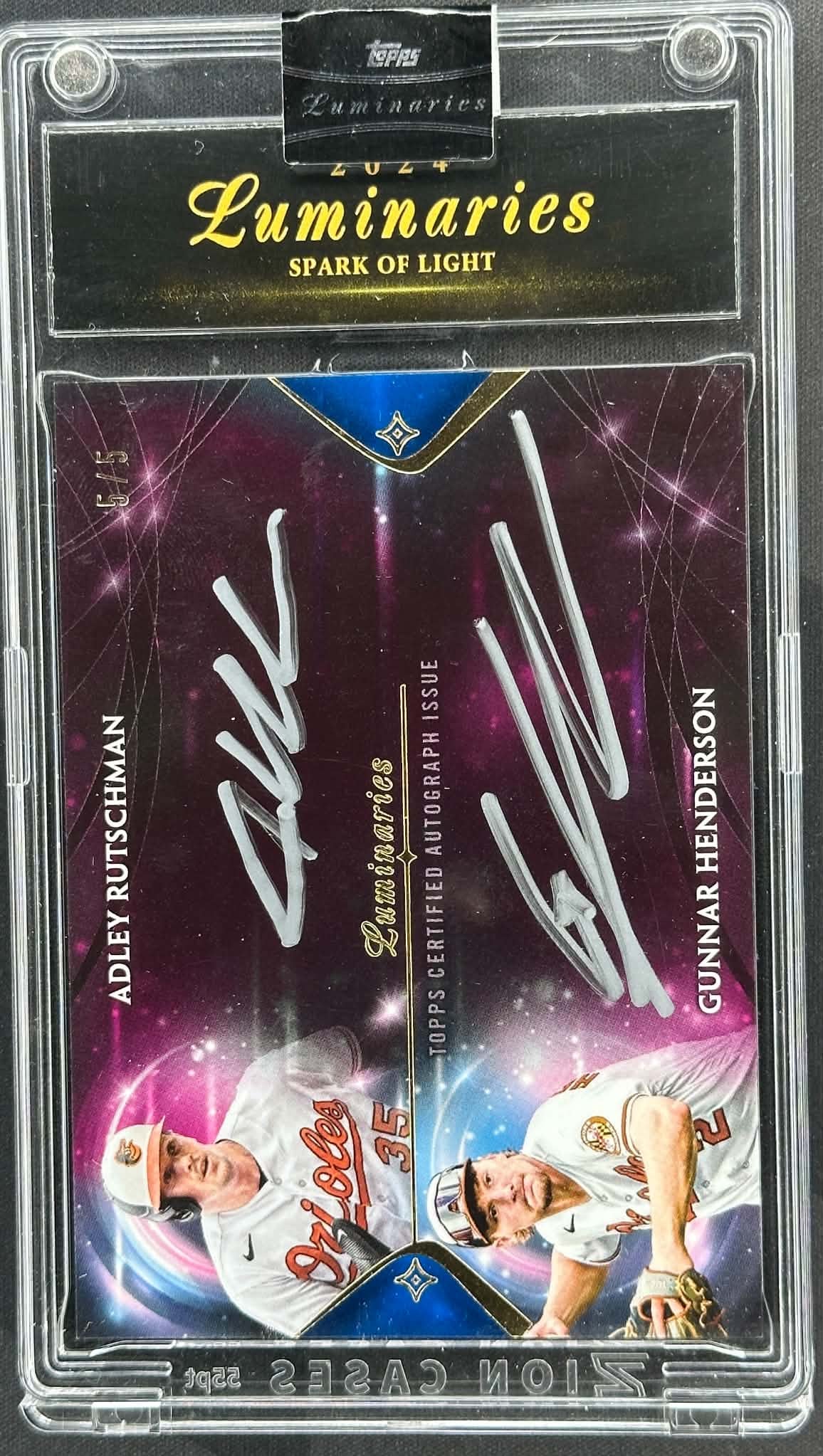 Adley Rutschman Gunnar Henderson 2024 Topps Luminaries Spark of Light Dual Auto /10 Baltimore Orioles baseball card