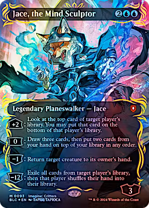 Jace, the Mind Sculptor #93 Borderless Raised Foil from Commander Bloomburrow BLC, Near Mint Mythic Rare Courageous Critters Magic card.