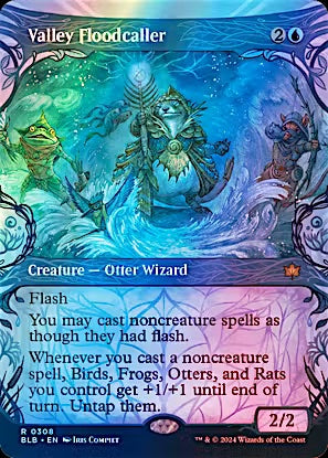 A Magic: The Gathering trading card titled 'Valley Floodcaller' featuring artwork of an otter wizard in blue water, with card text and mana cost indicators visible.