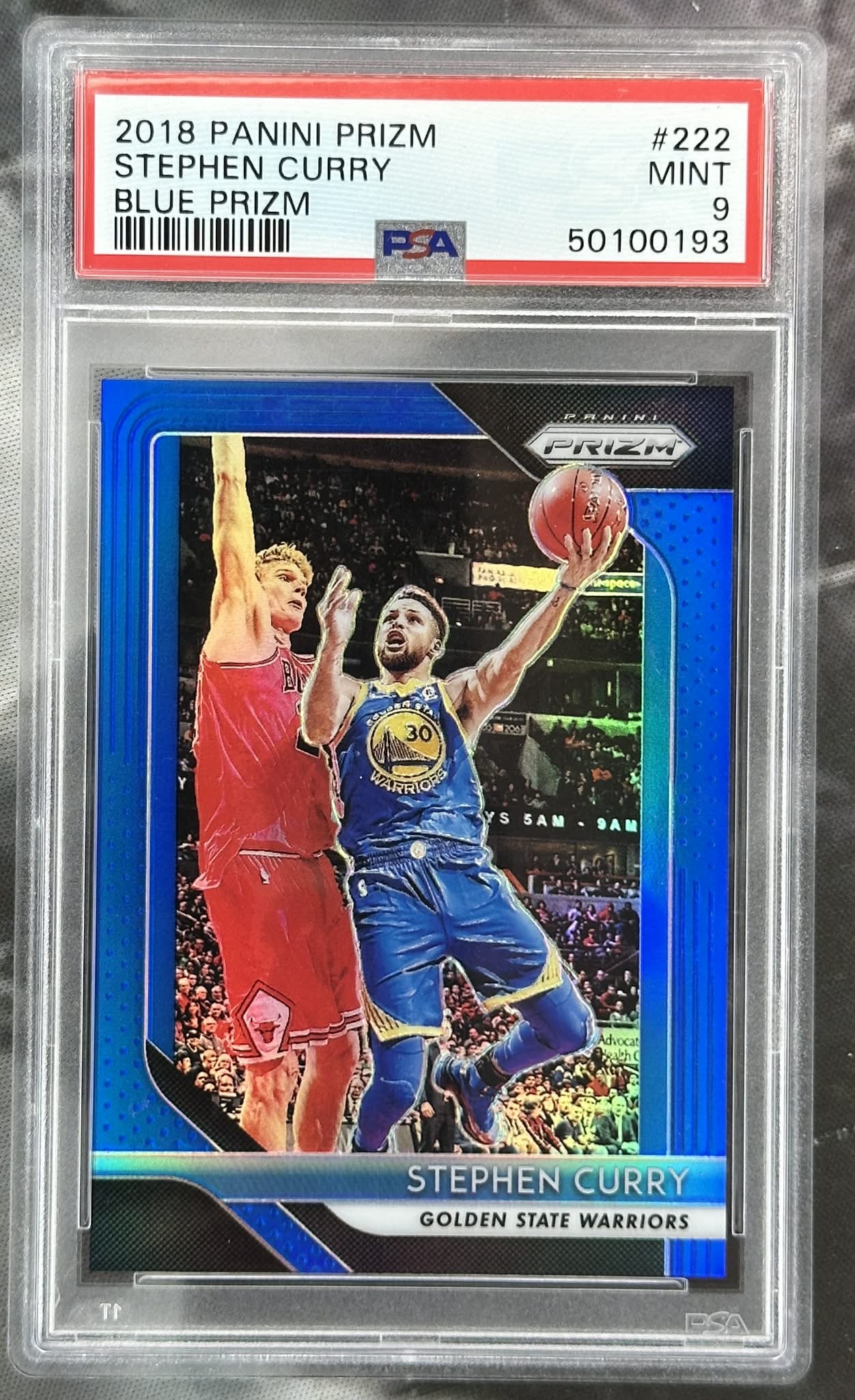 2018 Panini Prizm Stephen Curry Blue Prizm #222 PSA 9 Mint graded basketball card
