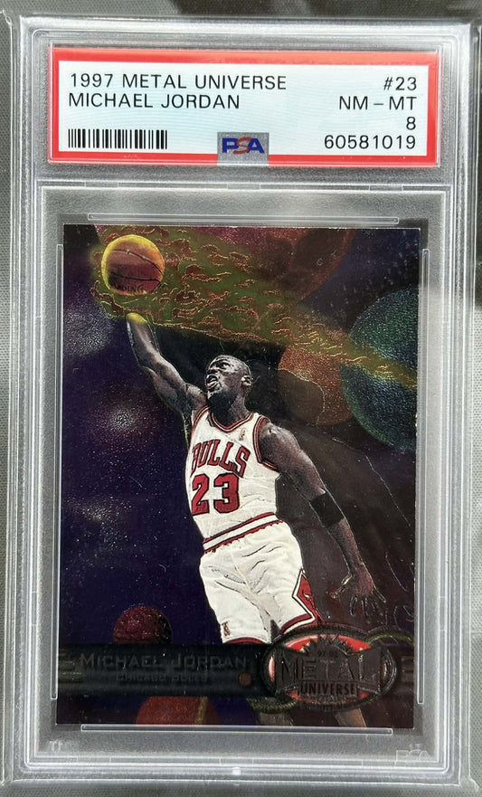 1997 Metal Universe Michael Jordan #23 PSA 8 Near Mint–Mint graded basketball card
