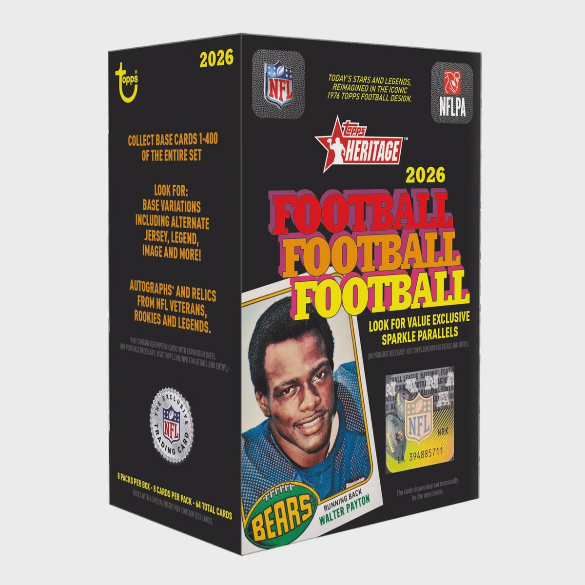 2026 Topps Heritage NFL Football Value Box containing 8 packs of 8 trading cards featuring vintage 1976 Topps designs, NFL rookies, inserts and autograph chases.