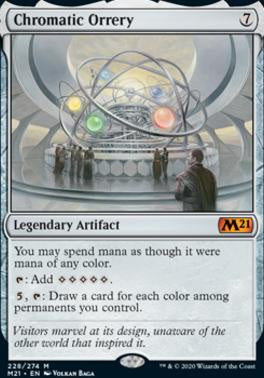 A Magic: The Gathering trading card titled 'Chromatic Orrery' by Yevgeny Bagha, featuring a sci-fi illustration of a metallic orbital machine with glowing colored lights.
