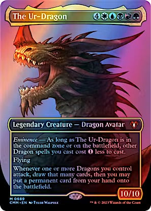 A Magic: The Gathering trading card for 'The Ur-Dragon' from the CMYK - Extremis set. The card features a highly detailed illustration of a red and black dragon against a purple and pink sky, with a gold frame and black text boxes.