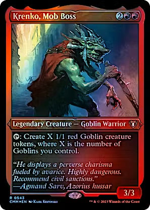 Magic: The Gathering trading card 'Krenko, Mob Boss' from the Commander Thicket 2024 set. The card features a red border, green mana symbol, and an illustration of a green goblin warrior holding a severed head.