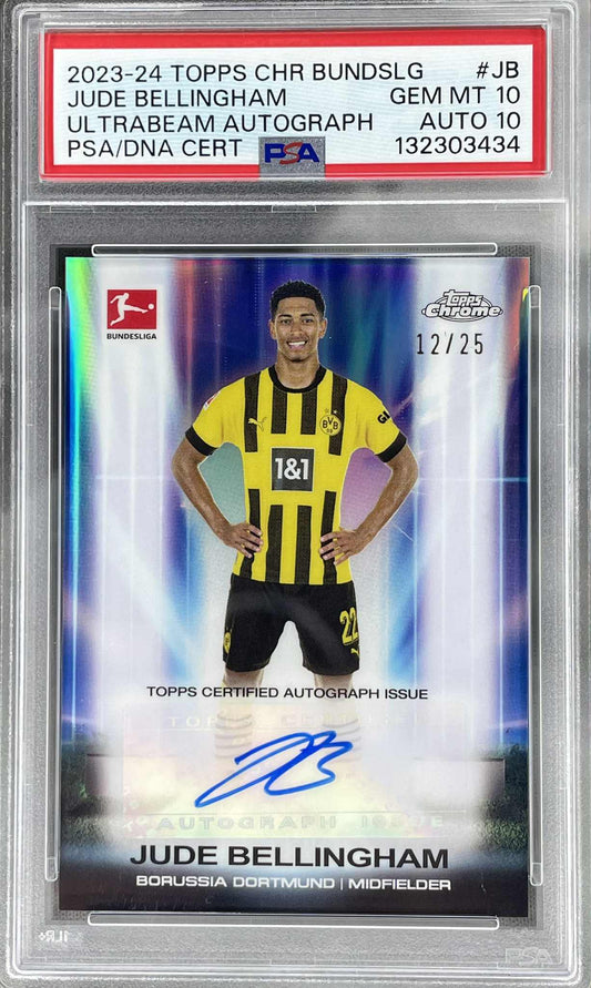 Jude Bellingham Ultrabeam Autograph /25 from 2023–24 Topps Chrome Bundesliga, graded PSA 10 with PSA 10 autograph.