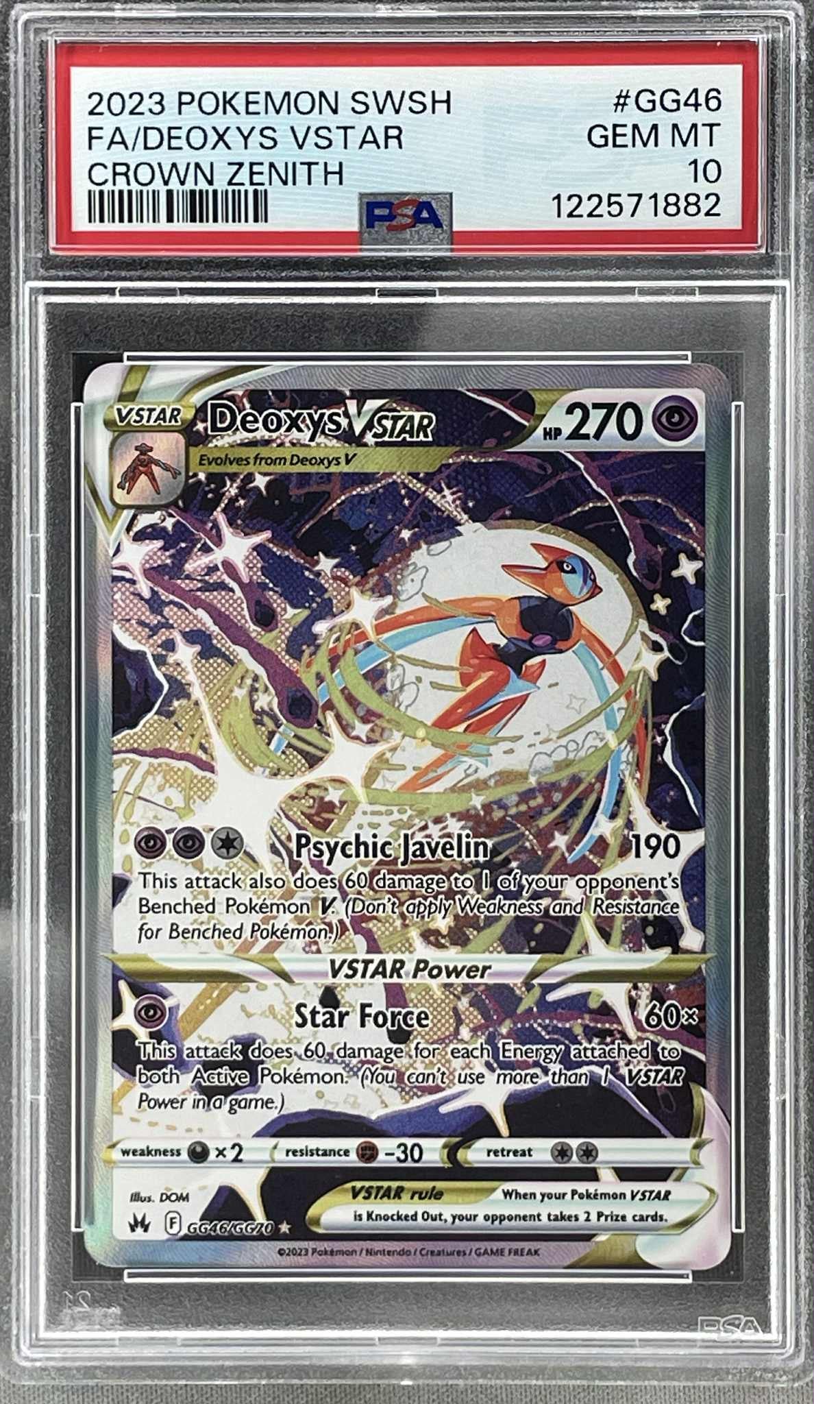 Deoxys VSTAR GG46/GG70 from Pokémon SWSH Crown Zenith, graded PSA 10, featuring collectible Secret Rare artwork.