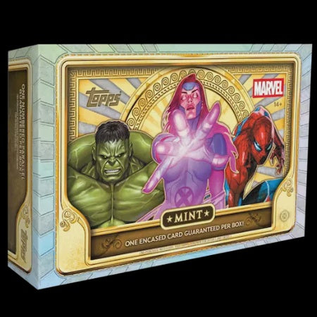 2026 Topps Marvel Mint Hobby Box factory sealed pre-order featuring encased cards, Chrome autographs, numbered parallels and Marvel collectibles.
