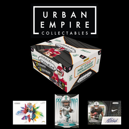 Collection of sports trading cards and packaging with Urban Empire Collectables branding.