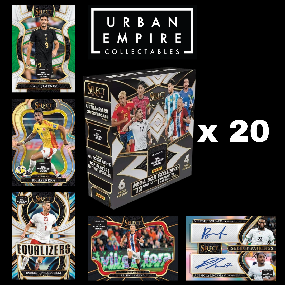 Urban Empire Collectables Select Ultra Rare Hoopdeck x 20 booster box bundle, featuring a central black and gold box surrounded by sample soccer trading cards on a black background.