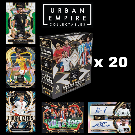 Urban Empire Collectables Select Ultra Rare Hoopdeck x 20 booster box bundle, featuring a central black and gold box surrounded by sample soccer trading cards on a black background.