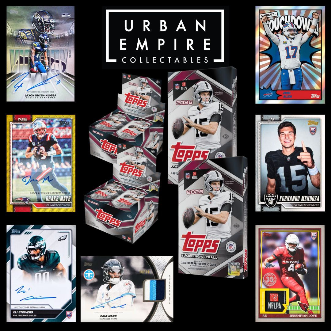 A collage-style promotional graphic for Urban Empire Collectables featuring multiple Topps football trading card boxes and individual cards arranged around a black background with the Urban Empire Collectables logo at the top center.