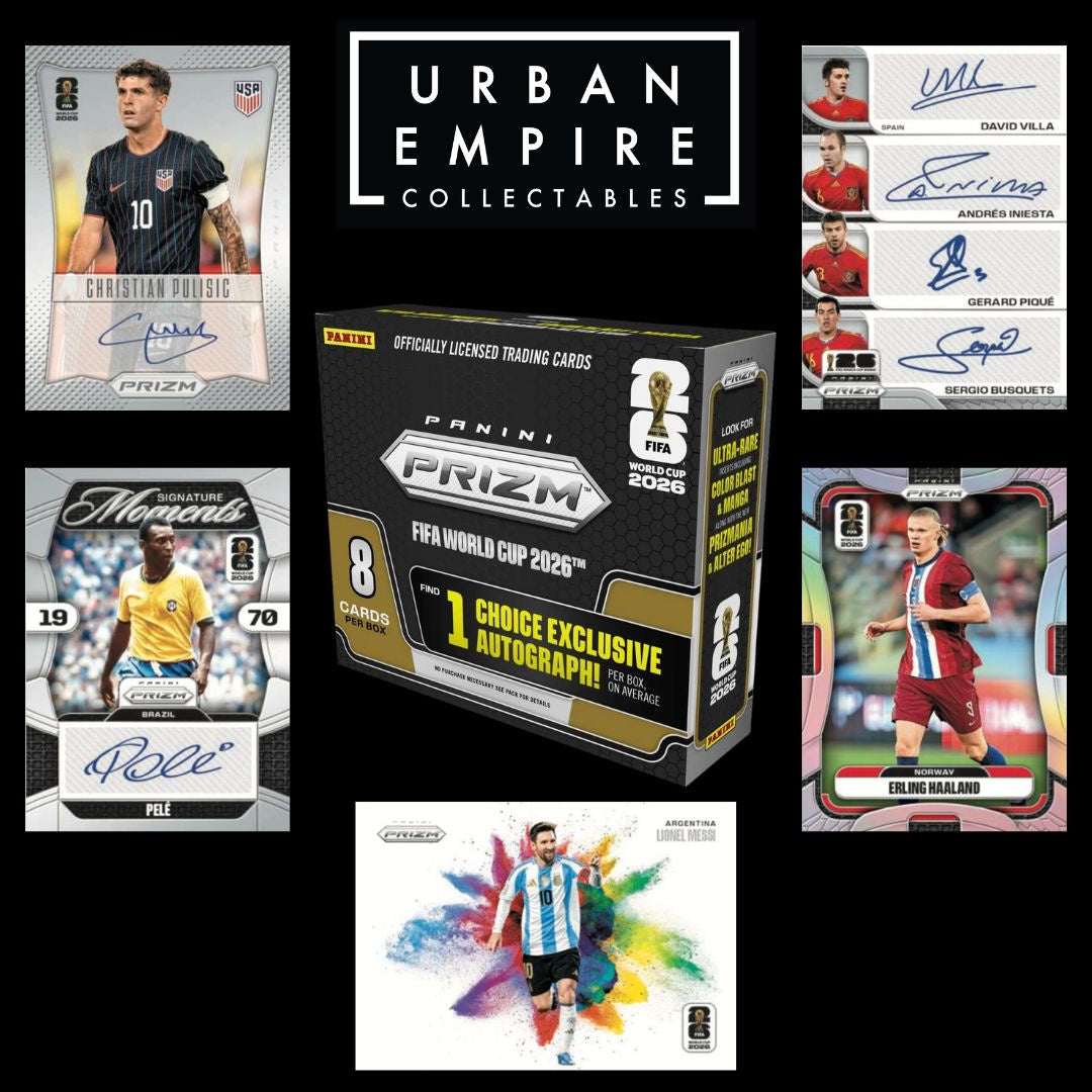 Panini Prizm FIFA World Cup 2026 trading card box centered on a black background, surrounded by sample football cards and an Urban Empire Collectables logo. The box is black and gold with FIFA branding and '1 Choice Exclusive Autograph' text.