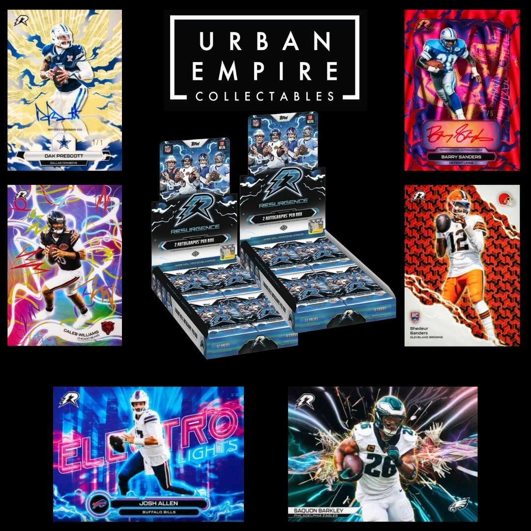 A collage on a black background showing multiple Philadelphia Eagles trading cards and two booster boxes. The center top card reads 'URBAN EMPIRE COLLECTABLES.