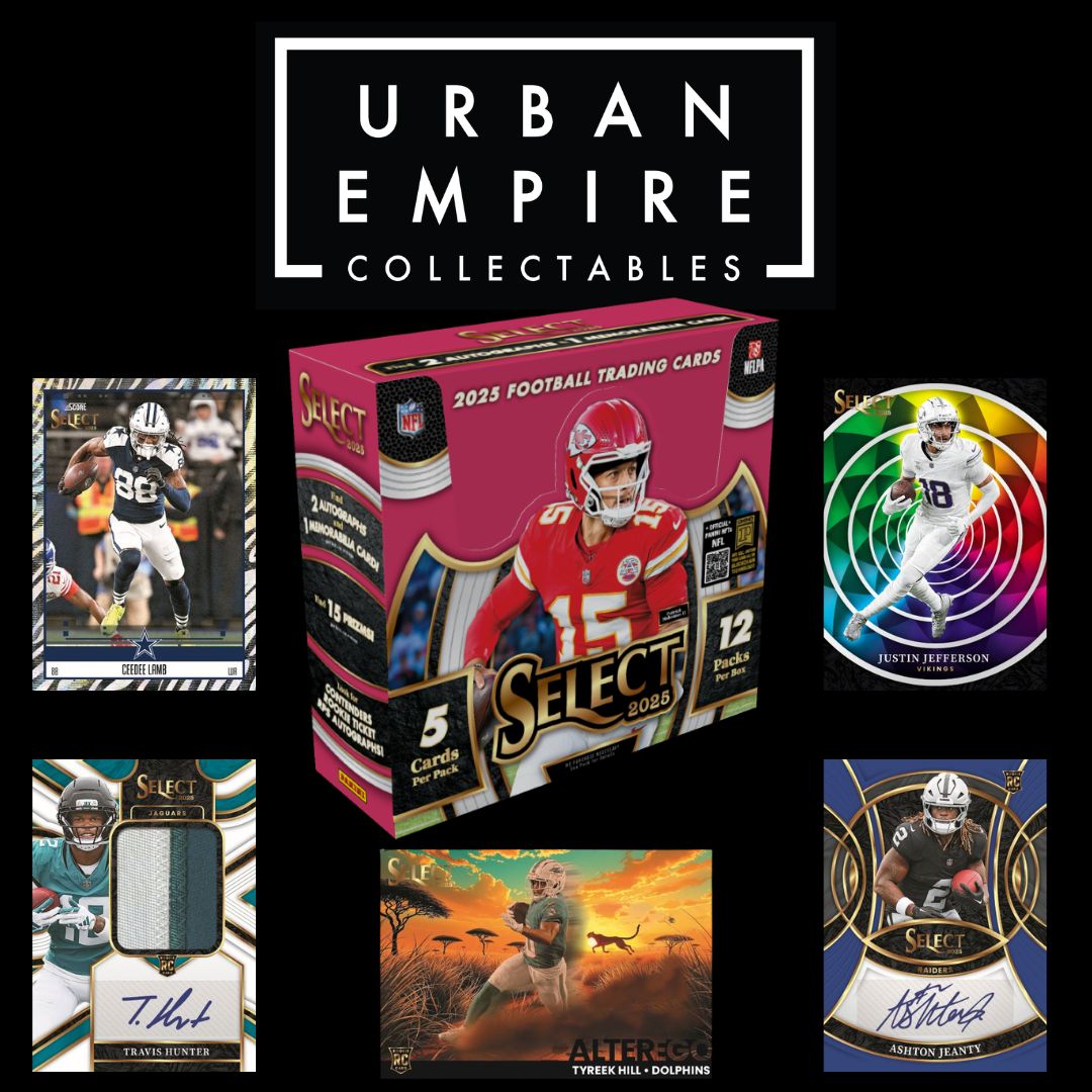 Collection of football trading cards and packaging with 'Urban Empire Collectables' branding.