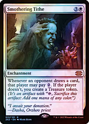 A Magic: The Gathering trading card titled 'Smothering Tithe' from the Ravnica Remastered set. The card is a pink Enchantment with artwork of a screaming figure in a dark room, and text detailing its game effect.