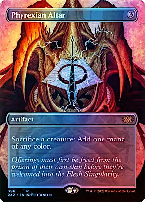 Magic: The Gathering trading card titled 'Phyrexian Altar' showing a dark fantasy illustration of a winged creature with a blue circular symbol on its chest. The card has a purple artifact frame and text boxes, with Wizards of the Coast branding at the bottom.
