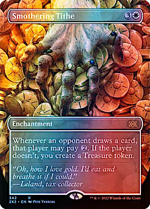 Smothering Tithe #342 Borderless Foil Rare from Magic the Gathering Double Masters 2022 2X2, Near Mint Commander enchantment with Pete Venters artwork.