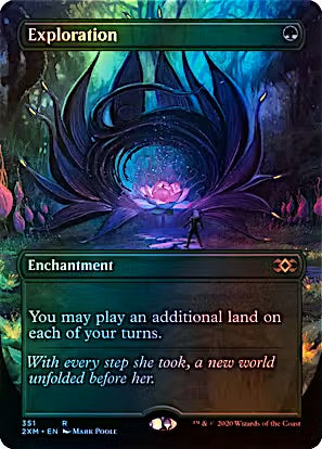 A Magic: The Gathering trading card titled "Exploration" from the 2024 Ravnica Clueless Expansion. The card features a dark fantasy illustration of a large, dark purple flower-like structure with a glowing pink lotus at its center, set against a dark teal and black background.