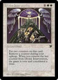 Divine Intervention Magic: The Gathering card from the Legends set, featuring vintage artwork and rare enchantment design.
