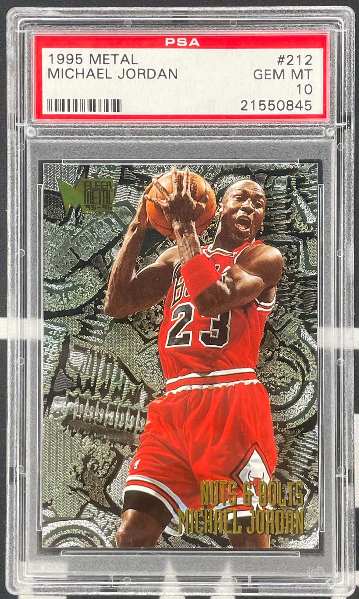 1995-96 Fleer Metal Nuts & Bolts Michael Jordan #212 Chicago Bulls basketball card professionally graded PSA 10 Gem Mint.