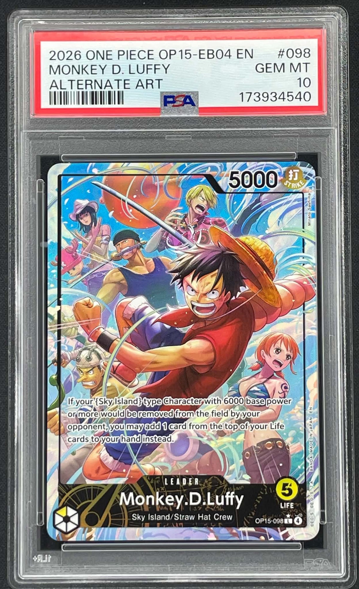 Monkey D Luffy OP15-098 Alternate Art Adventure on Kami’s Island One Piece Card Game Leader graded PSA 10 Gem Mint
