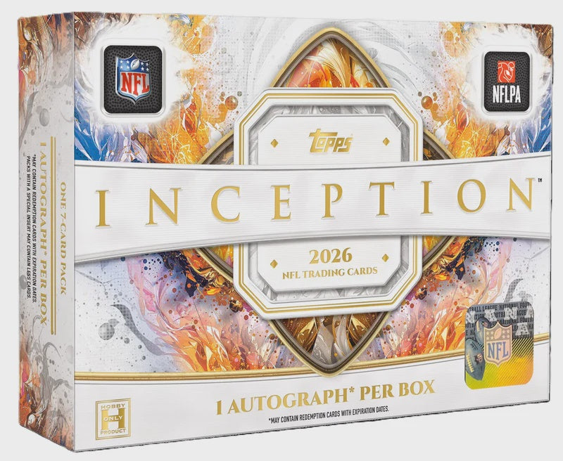 2026 Topps Inception NFL Football Hobby Box containing one pack of seven premium football trading cards.