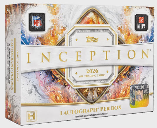 2026 Topps Inception NFL Football Hobby Box containing one pack of seven premium football trading cards.