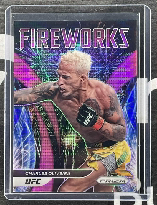 2022 Panini Prizm UFC Charles Oliveira Fireworks Pink Pulsar /42 trading card