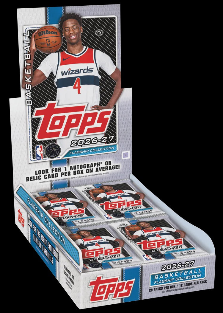 2026-27 Topps Flagship NBA Basketball Hobby Box containing 20 packs of 12 trading cards, featuring 2026-27 rookies, autographs, relics and Hobby-exclusive parallels.