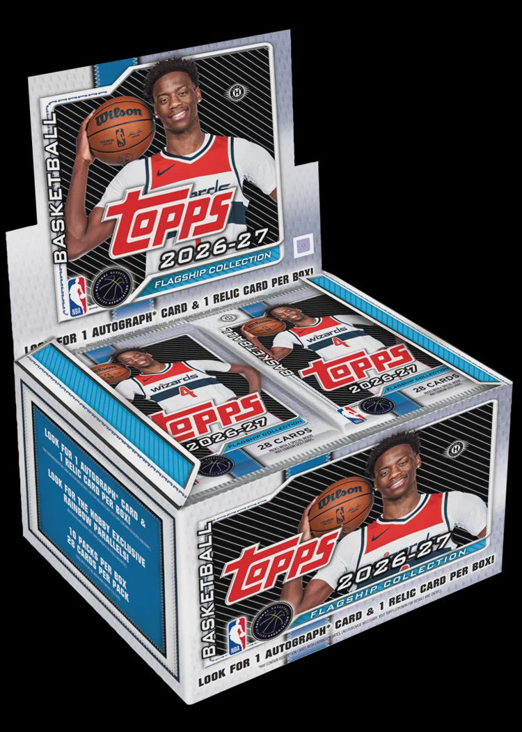 2026-27 Topps Flagship NBA Basketball Jumbo Hobby Box containing 10 packs of 28 trading cards, with one autograph and one relic card per box.