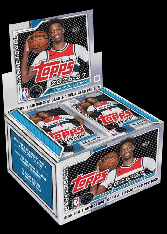 2026-27 Topps Flagship NBA Basketball Jumbo Hobby Box containing 10 packs of 28 trading cards, with one autograph and one relic card per box.
