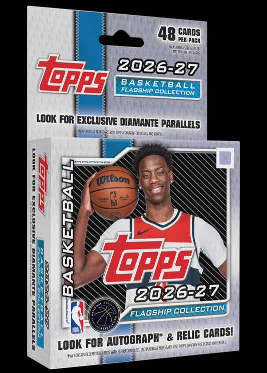2026-27 Topps Flagship NBA Basketball Hanger Pack containing 48 trading cards, including Diamante parallels, retro inserts and NBA rookie cards.