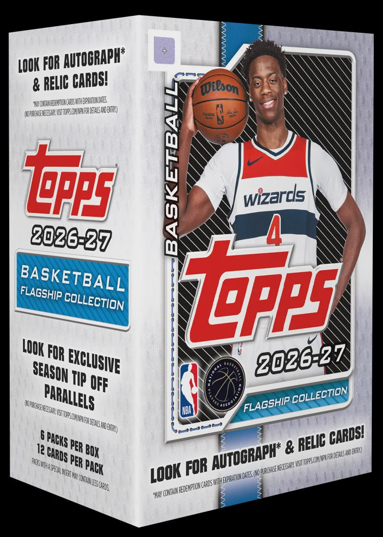 2026-27 Topps Flagship NBA Basketball Value Box containing 6 packs of 12 trading cards, featuring NBA rookies, inserts and exclusive Season Tip Off parallels.