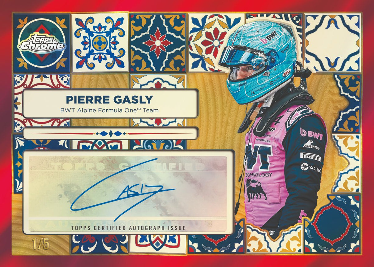 2026 Topps Chrome Formula 1 Pierre Gasly Topps Certified Autograph card numbered 1/5, BWT Alpine, with patterned tile design