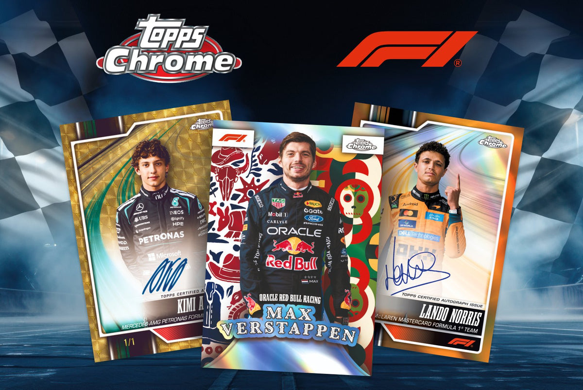 2026 Topps Chrome Formula 1 banner with Topps Chrome and F1 logos, showing a Kimi Antonelli gold 1/1 autograph, a Max Verstappen Oracle Red Bull Racing insert and a Lando Norris orange autograph card