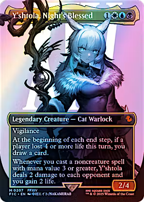 A fantasy trading card titled "Y'shtola, Night's Blessed" featuring a cat-like warrior character with pale blue hair and a dark fur outfit. The card has a black border, multicolor artwork, and text boxes describing game effects.