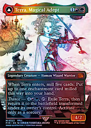 Terra, Magical Adept #323 Borderless Foil Mythic Rare from Magic the Gathering FINAL FANTASY FIN featuring Yoshitaka Amano artwork and transforming into Esper Terra.