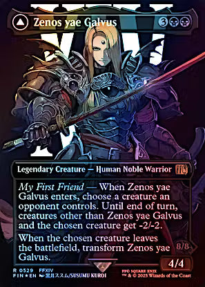 Zenos yae Galvus #529 Borderless Surge Foil from Magic the Gathering FINAL FANTASY FIN, transforming into Shinryu Transcendent Rival.