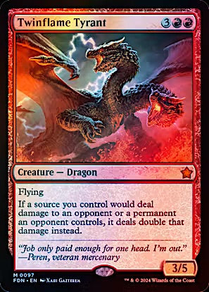 Magic: The Gathering trading card 'Twinflame Tyrant' from the Commander Expansion Set, featuring artwork of a fiery dragon with twin flames, red border, and card text details.