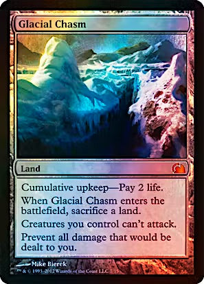 Glacial Chasm (Foil) from the Vault: Realms (V12). A Near Mint Magic: The Gathering utility land featuring exclusive From the Vault artwork and powerful damage prevention for Commander and Legacy decks.