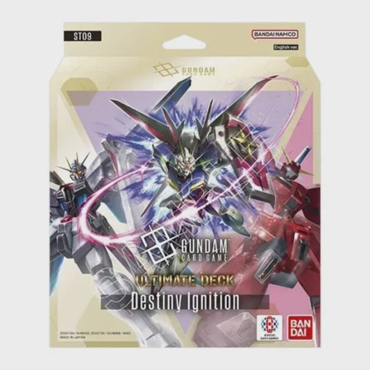 Gundam Card Game Destiny Ignition ST09 Ultimate Deck box with exclusive cards and mobile suit artwork.