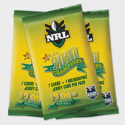 2010 Select NRL Champions Booster Pack factory sealed with 7 player cards and 1 Holofoil Jersey Die-Cut card.