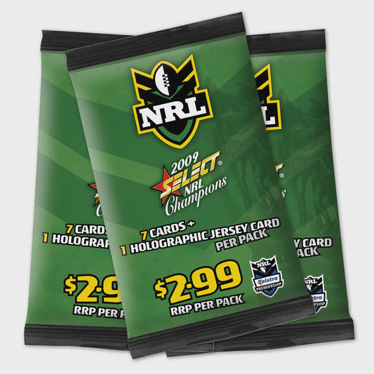 2009 Select NRL Champions Booster Pack factory sealed with 7 cards and 1 Holofoil Jersey Die-Cut trading card.