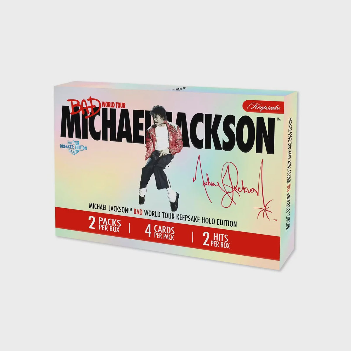 2026 Michael Jackson Bad World Tour Keepsake Holo Edition Breaker Box featuring Holo Mirror trading cards, autograph and memorabilia chases, and numbered parallels.
