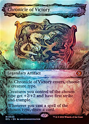 A Magic: The Gathering trading card titled "Chronicle of Victory," shown front-on against a black background. The card has a multicolored fantasy illustration with a creature in a rocky, glowing environment and text boxes for rules and mana cost.