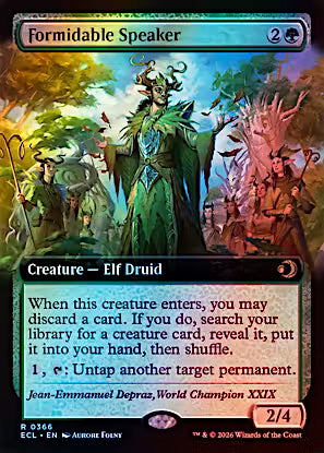 A Magic: The Gathering trading card titled 'Formidable Speaker' from the Commander expansion, featuring artwork of an elf druid and text detailing card interaction benefits.